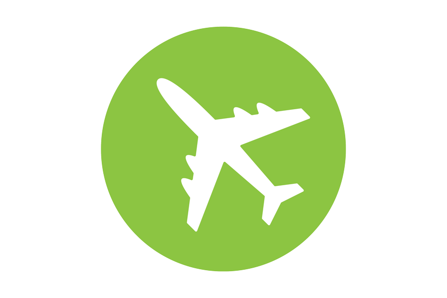 Icon of a white airplane on a green background.