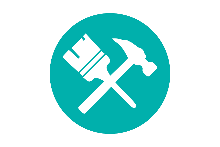 White graphic of a paint brush and hammer on a teal background.